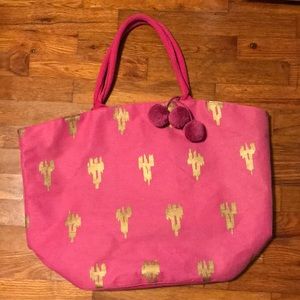 Pink & Gold Jute Mud Pie Beach Bag with Pom Poms